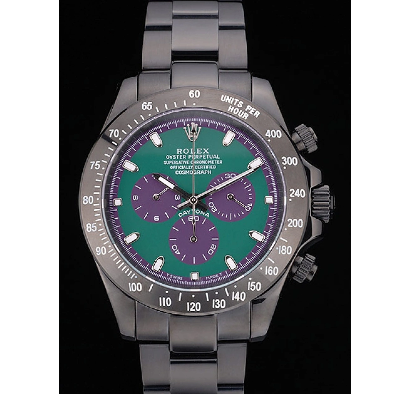 Aaa replica Plated Steel Daytona Stainless 80246 Black Rolex Ion Black Tachymeter Green Strap Dial 0710